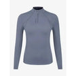 Gray long-sleeved quarter-zip athletic top with subtle lemieux logo perfect as lemieux ladies base layer jay blue