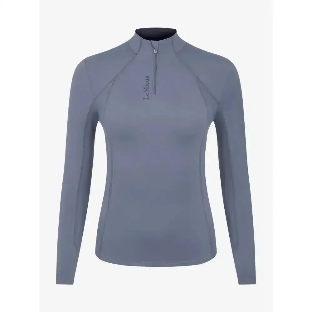 Gray long-sleeved quarter-zip athletic top with subtle lemieux logo perfect as lemieux ladies base layer jay blue
