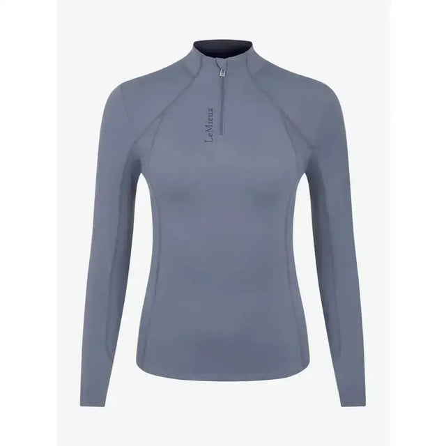 Gray long-sleeved quarter-zip athletic top with subtle lemieux logo perfect as lemieux ladies base layer jay blue