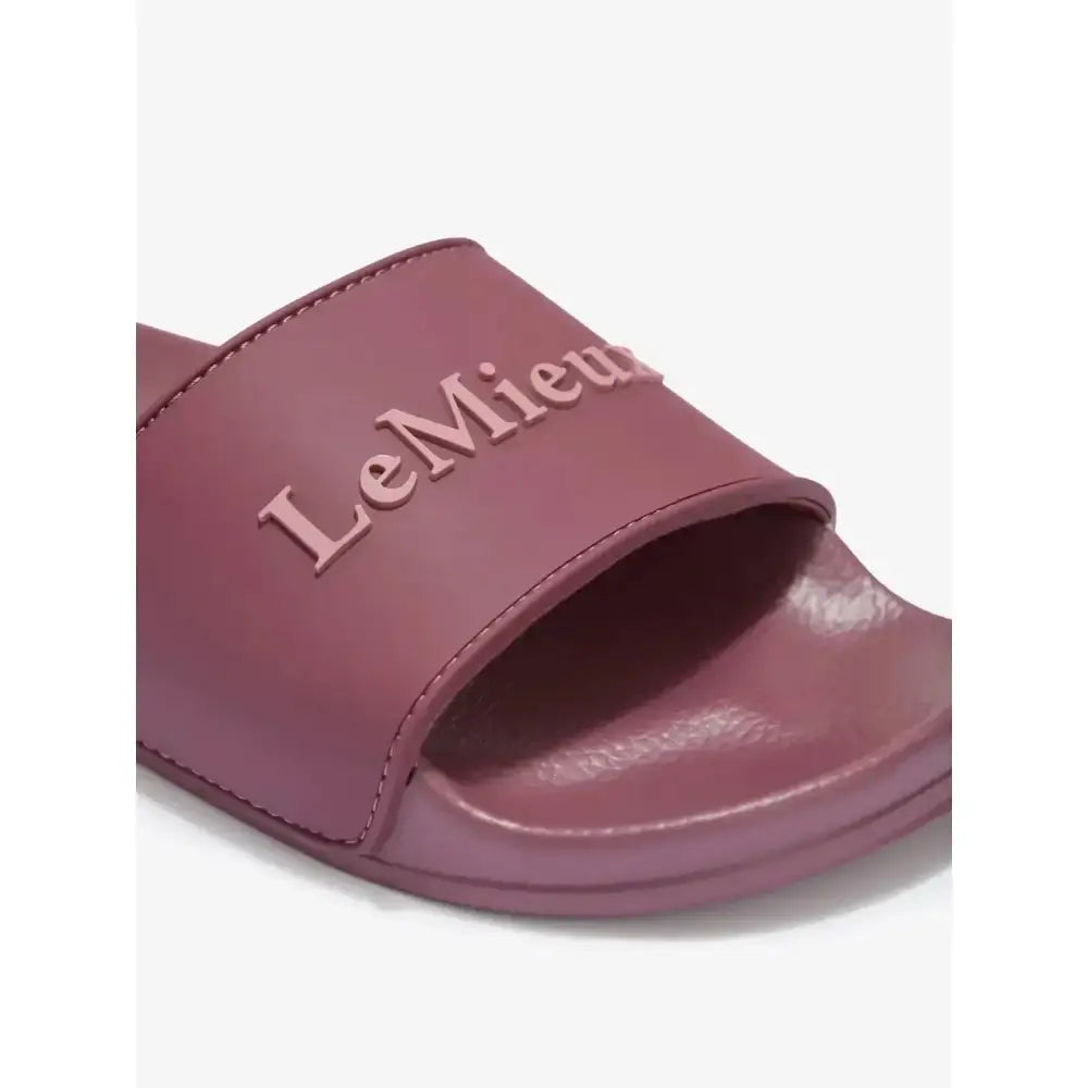 A mauve lemieux ladies sliders rosewood slide sandal with a smooth glossy finish and embossed branding on the strap