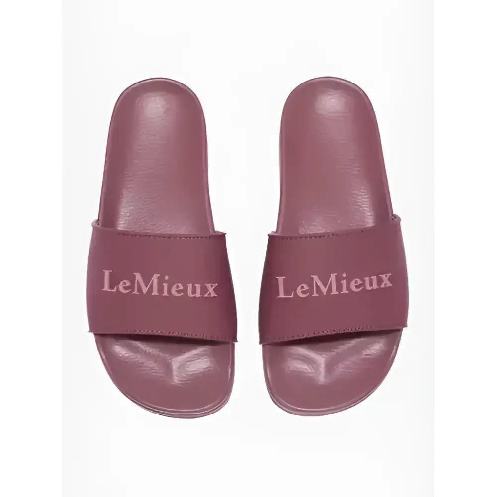 Pair of mauve lemieux ladies sliders with soft textured strap featuring lemieux logo in matching rosewood tone