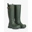 Olive green rubber stride wellington boots with brass buckle and embossed lemieux ladies logo in oak color