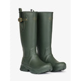 Olive green rubber stride wellington boots with brass buckle and embossed lemieux ladies logo in oak color