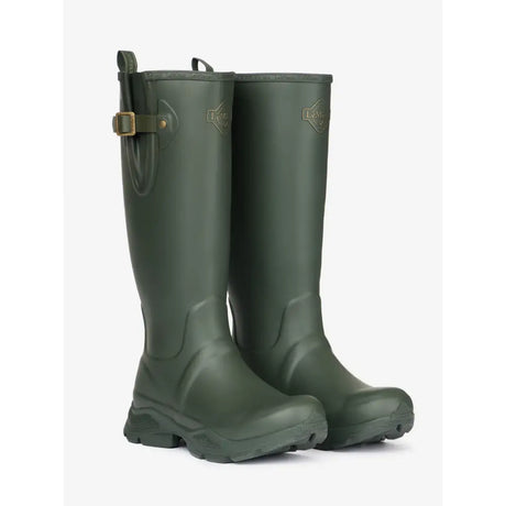 Olive green rubber stride wellington boots with brass buckle and embossed lemieux ladies logo in oak color