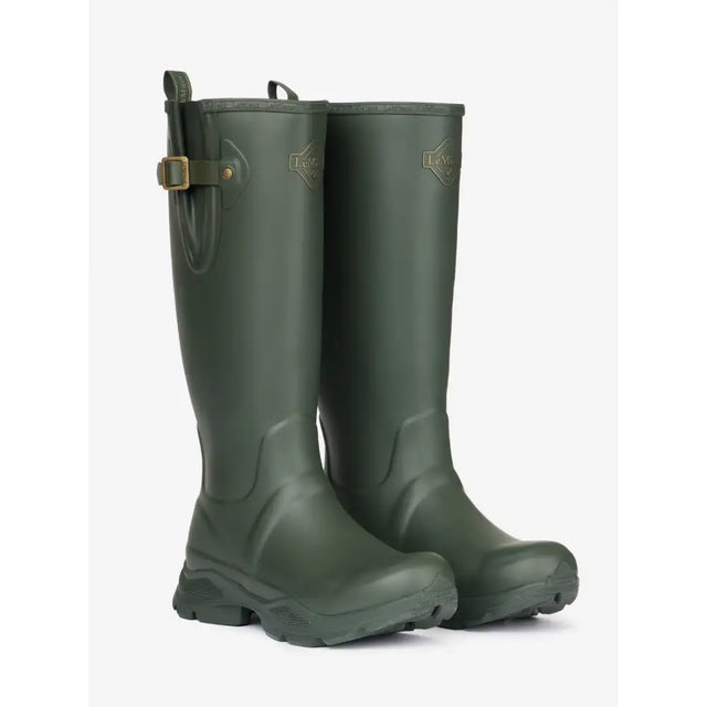 Olive green rubber stride wellington boots with brass buckle and embossed lemieux ladies logo in oak color