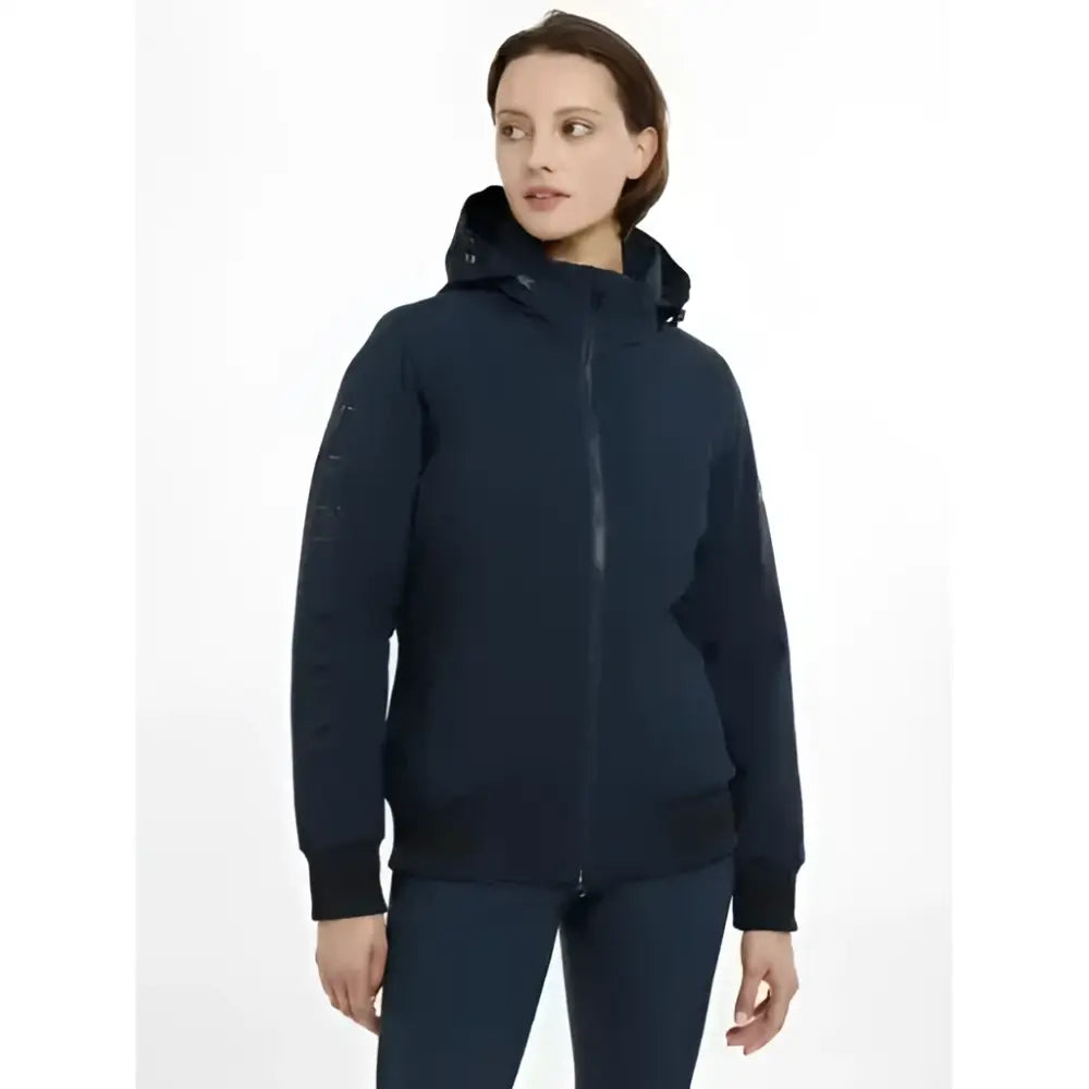 Navy blue lemieux ladies team jacket with hood and subtle textured detailing on sleeves perfect for outdoor wear