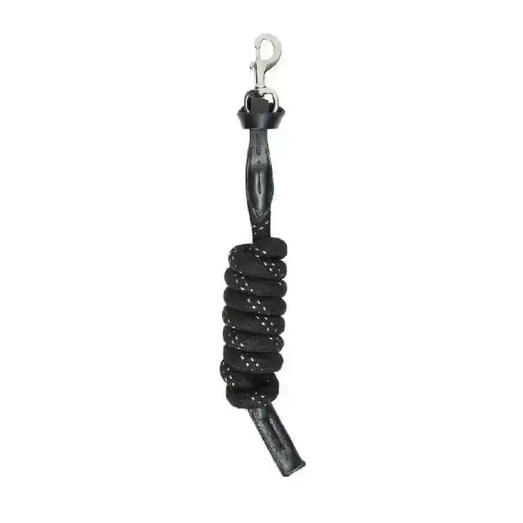 Black lemieux lasso lead rope made of strong woven rope with silver clip and black leather handle for easy control