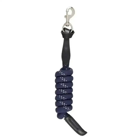 Dark blue lemieux lasso lead rope with silver metal clip and black leather handle for easy horse leading