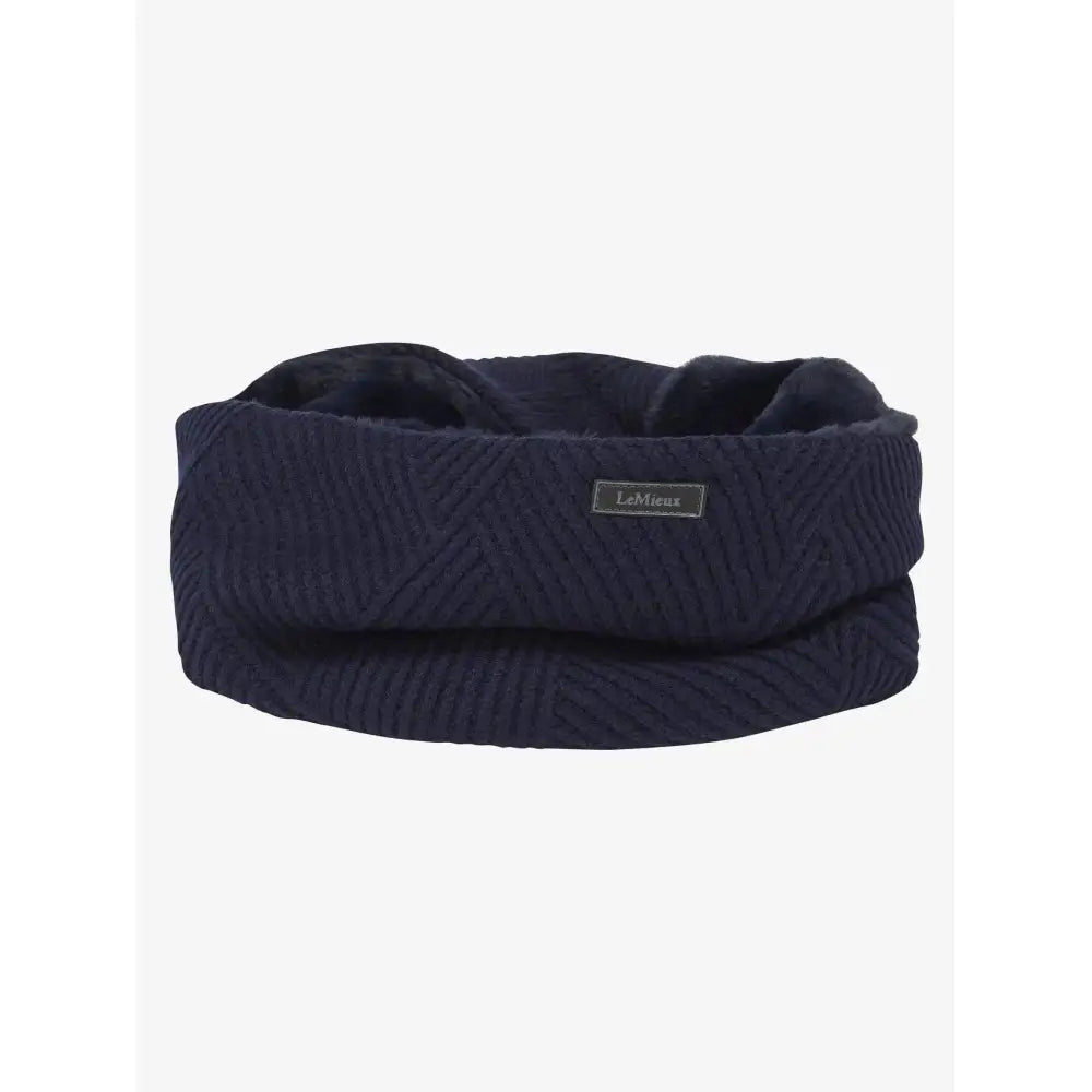 Navy blue lemieux layla snood headband with unique basket weave knit and ultra-soft micro-fleece lining with lamure tag