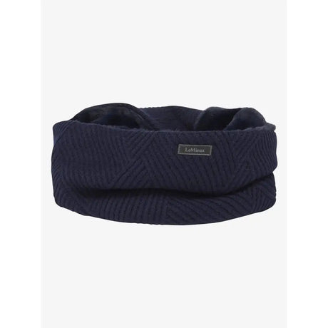 Navy blue lemieux layla snood headband with unique basket weave knit and ultra-soft micro-fleece lining with lamure tag