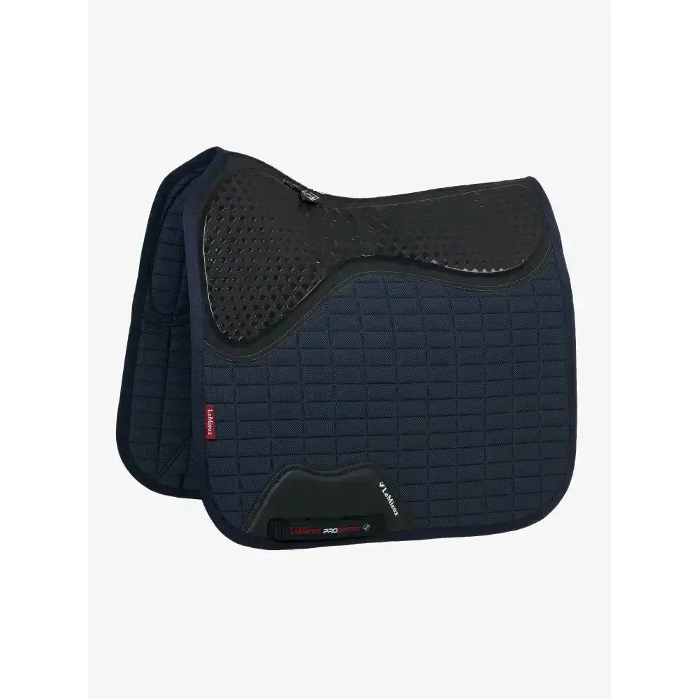 Navy blue quilted lemieux le cool grip dressage pad with black perforated padded sections for cool grip dressage use