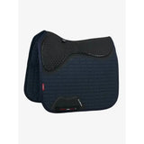 Navy blue quilted lemieux le cool grip dressage pad with black perforated padded sections for cool grip dressage use