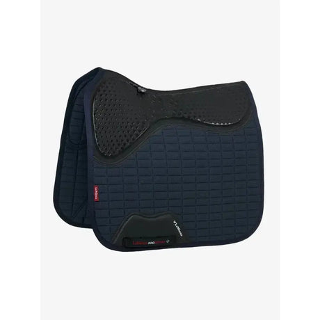 Navy blue quilted lemieux le cool grip dressage pad with black perforated padded sections for cool grip dressage use