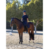 A dark brown horse stands in an outdoor arena wearing a lemieux le cool navy dressage pad with cool grip features