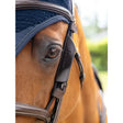 Navy blue padded lemieux leather bridle blinkers havanna with black leather strap and lohmann emboss on side