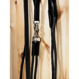 Black leather draw reins with silver hardware and braided rope section lemieux leather draw reins black