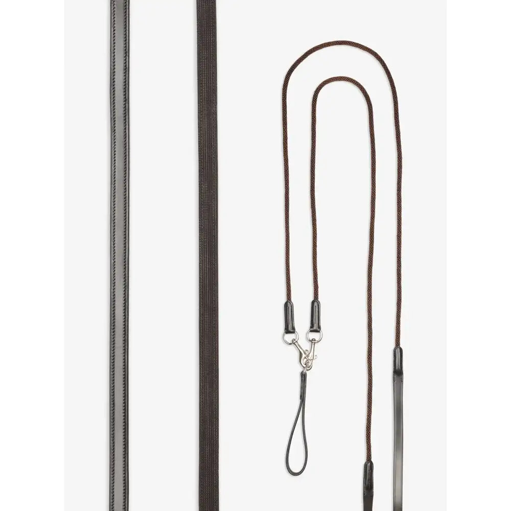 Brown braided rope lemieux leather draw reins with black plastic handles and silver metal hardware in draw reins brown
