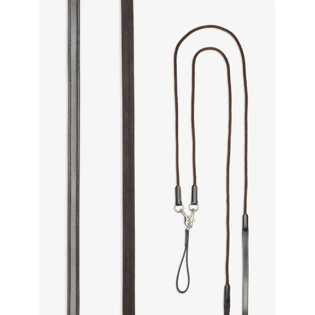 Brown braided rope lemieux leather draw reins with black plastic handles and silver metal hardware in draw reins brown