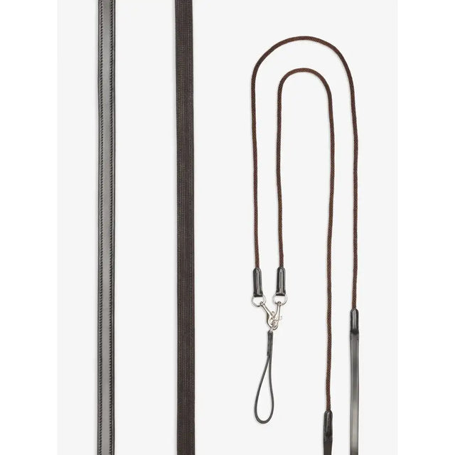 Brown braided rope lemieux leather draw reins with black plastic handles and silver metal hardware in draw reins brown