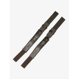 Dark brown leather garter straps with silver buckles and embossed lemieux leather garter branding for largest circumference