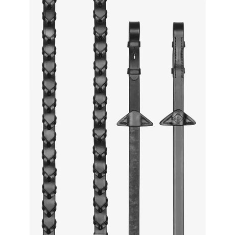 Black lemieux leather laced reins with braided texture and silver triangular end pieces classic leather reins