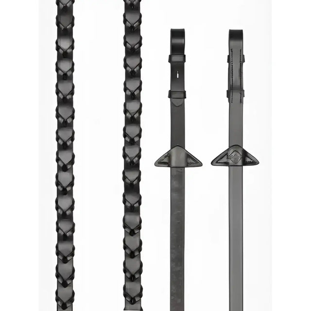Black leather riding crop with braided handle and metal tip featured with lemieux leather laced design