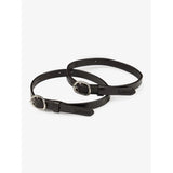 Black leather lemieux spur straps with silver buckles embossed logo perfect for horse riding boots and wipe-clean rubber spur