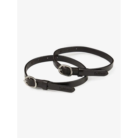Black leather lemieux spur straps with silver buckles embossed logo perfect for horse riding boots and wipe-clean rubber spur