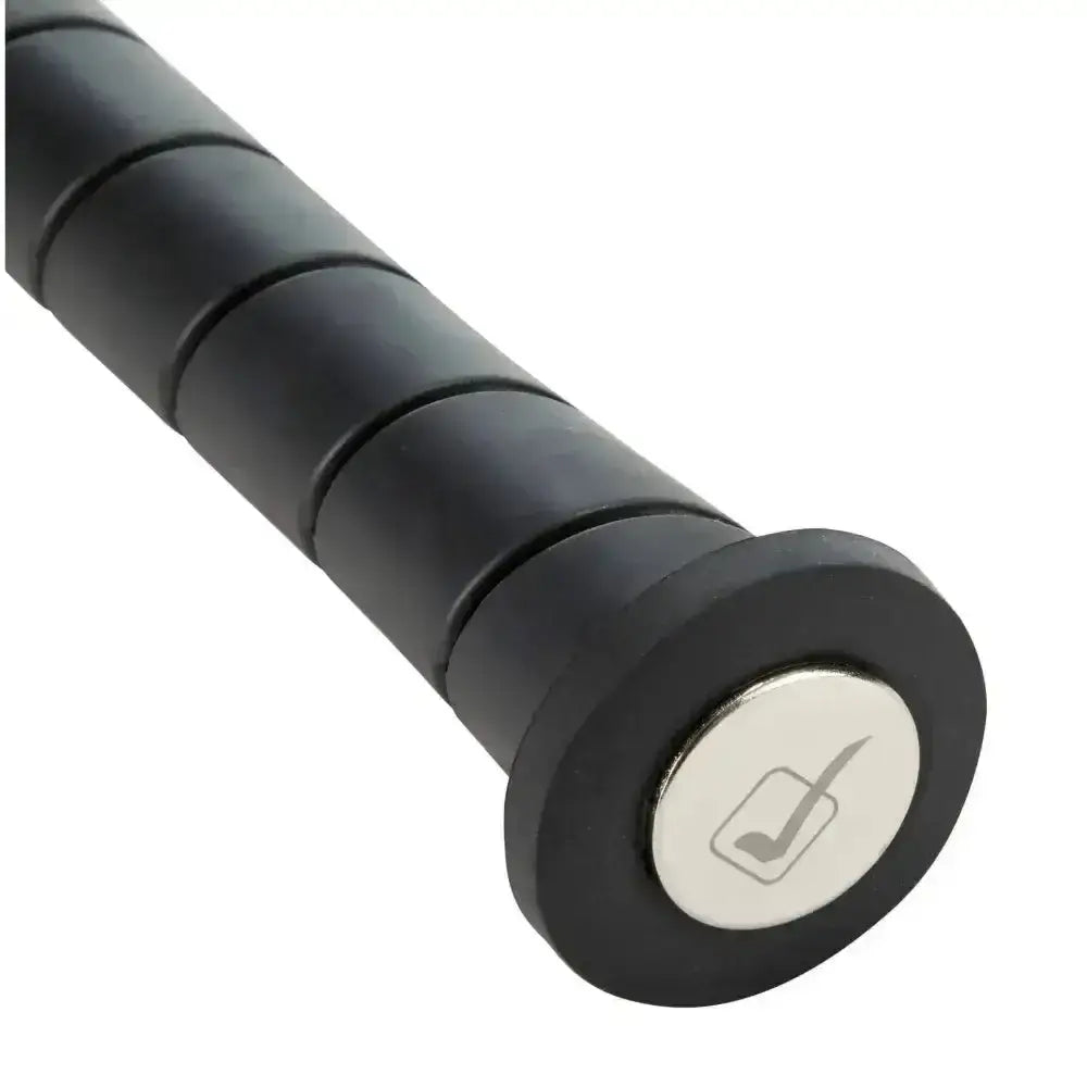 Black textured grip handle with silver magnetic cap and checkmark logo on lemieux lebaton whip black with shock absorbing gel