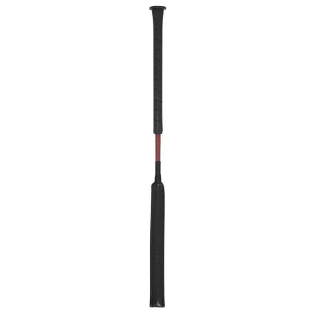 Black leather lemieux le baton riding crop with textured grip and subtle burgundy accent for stylish jumping