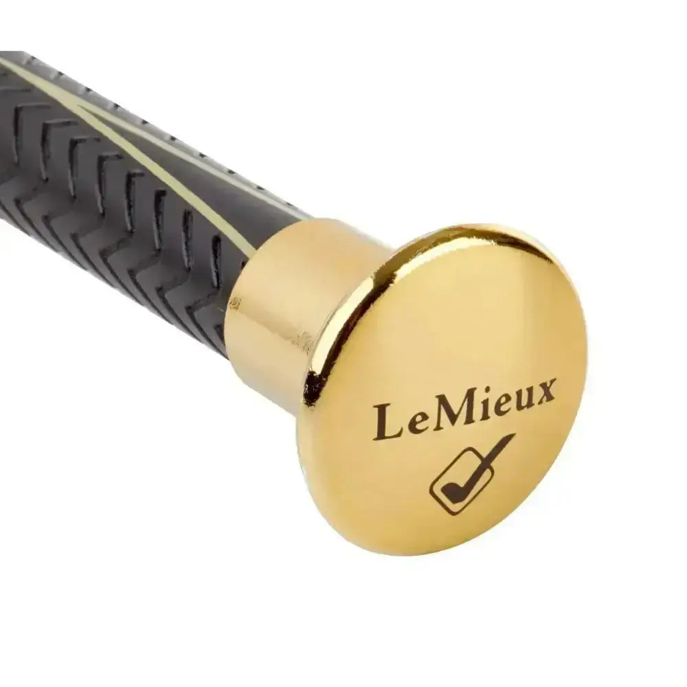 Brown lemieux legrip schooling whip with gold handle black grip and ultra light polycarbon shaft for riding