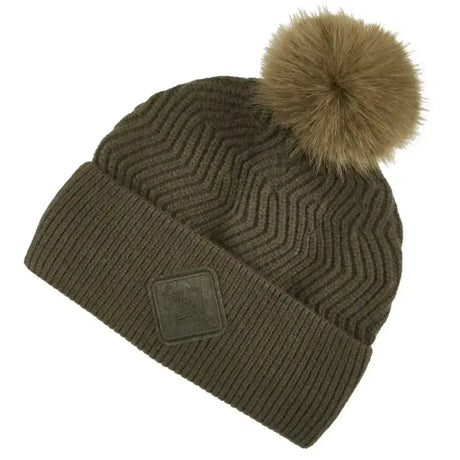 Olive green ribbed knit lemieux lila beanie with tan faux fur pom pom and leather patch on cuff alpine style