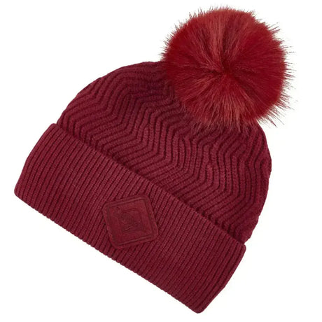 Maroon knitted lemieux lila beanie ember with fuzzy pom-pom and subtle brand patch on cuff