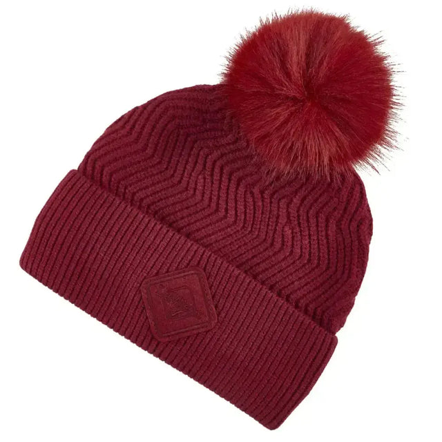 Maroon knitted lemieux lila beanie ember with fuzzy pom-pom and subtle brand patch on cuff