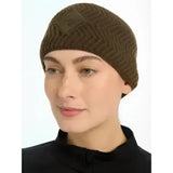 Knitted olive green lemieux lila headband alpine with herringbone texture and diamond embroidery detail on front
