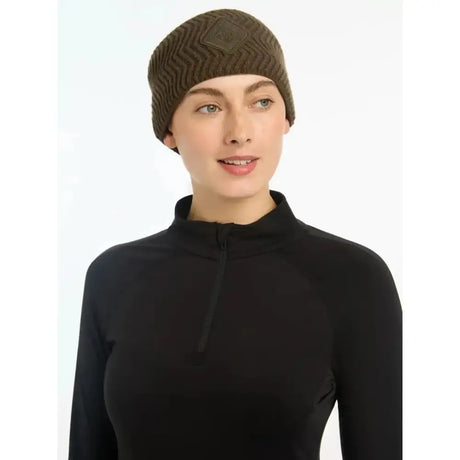 A knitted olive green lemieux lila headband alpine beanie with a textured zigzag pattern perfect for cold weather