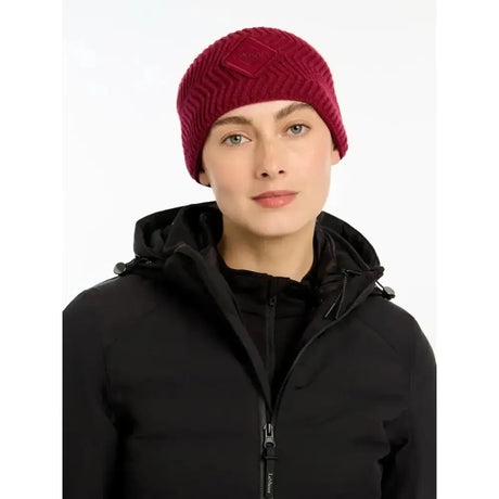 A rich burgundy knitted lemieux lila headband ember with a ribbed pattern and subtle logo perfect for cold days