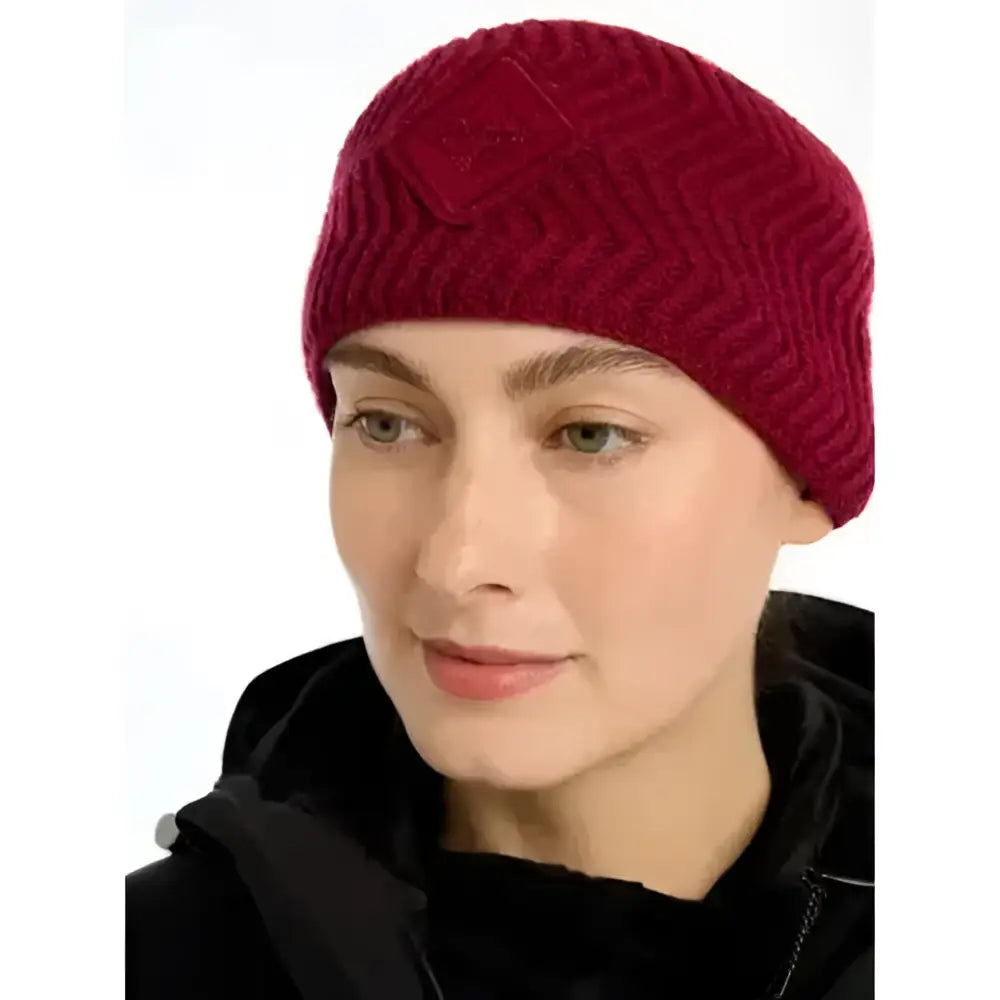 A rich burgundy lemieux lila headband ember knitted beanie with ribbed texture and subtle diamond embroidery detail