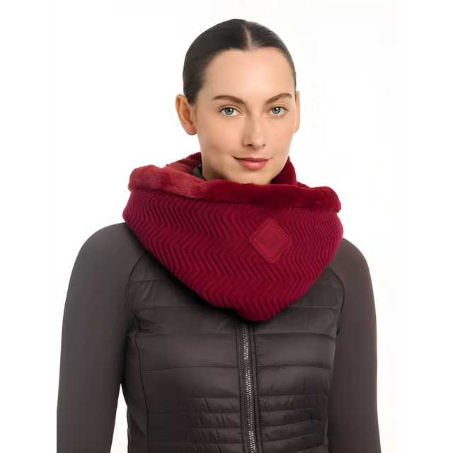 Deep red knitted infinity scarf with chevron pattern from Lemieux Lila Snood Ember