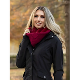 Woman in black coat and red scarf showcasing Lemieux Lila Snood Ember