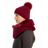 Burgundy Lemieux Lila Snood Ember hat and scarf set with chevron pattern and fur pom-pom