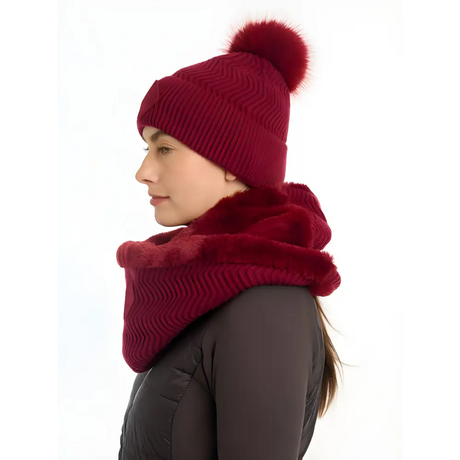 Burgundy Lemieux Lila Snood Ember hat and scarf set with chevron pattern and fur pom-pom