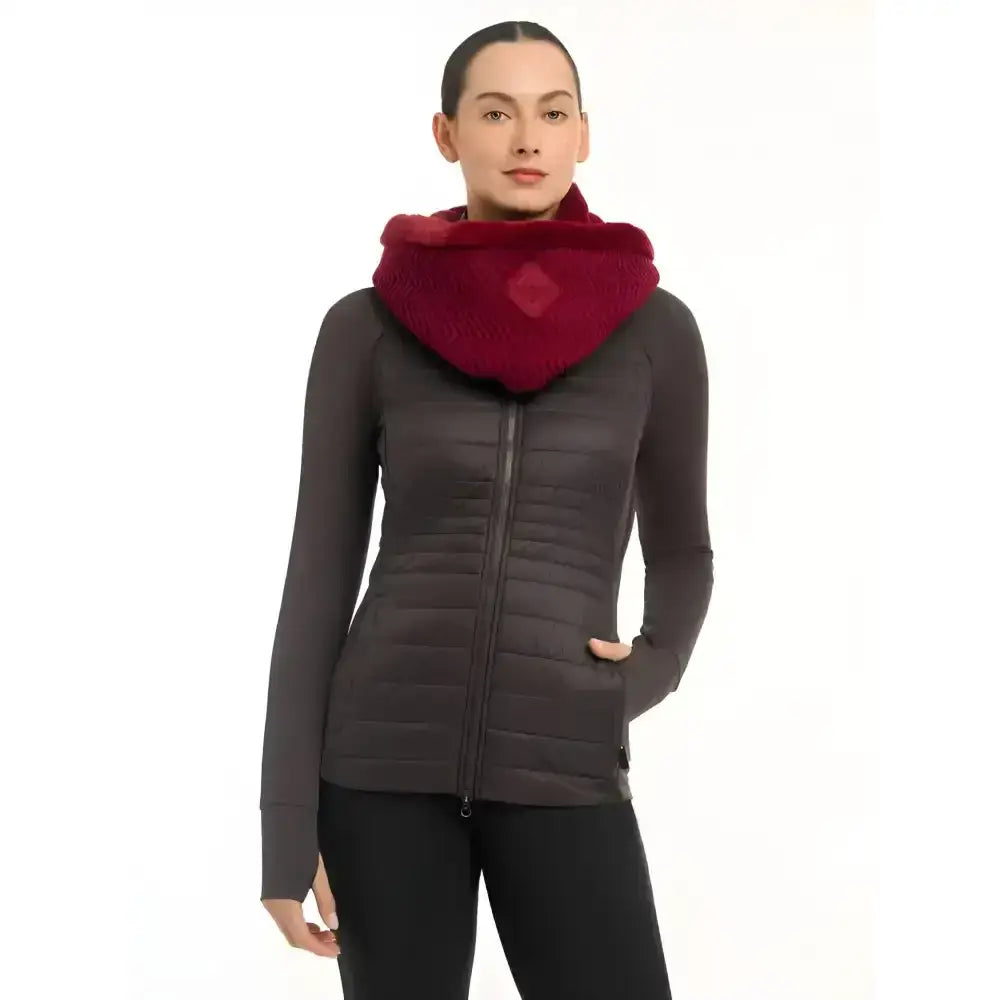 Dark gray quilted lemieux lila snood ember jacket with plush maroon hood and diamond quilting detail
