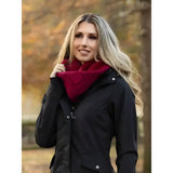 A plush deep red lemieux lila snood ember scarf with a cozy chevron knit pattern worn around the neck
