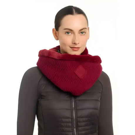 A plush deep red lemieux lila snood with a soft fur-lined edge and subtle chevron knit pattern perfect for warmth