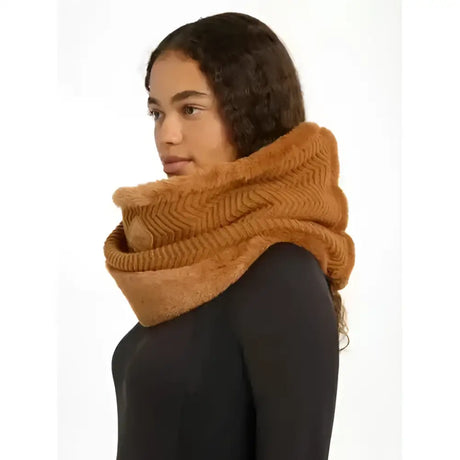 Warm caramel-colored knitted lemieux lila snood with a textured ribbed pattern perfect for cozy style