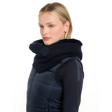 Woman in a dark blue winter coat and thick scarf featuring Lemieux Lila Snood Navy