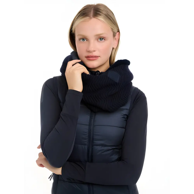 Navy puffer vest with a dark top and matching scarf, featuring Lemieux Lila Snood Navy