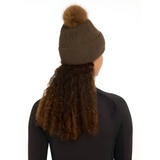 Knitted brown Lemieux LM Beanie Alpine with a fluffy faux fur pom-pom on top