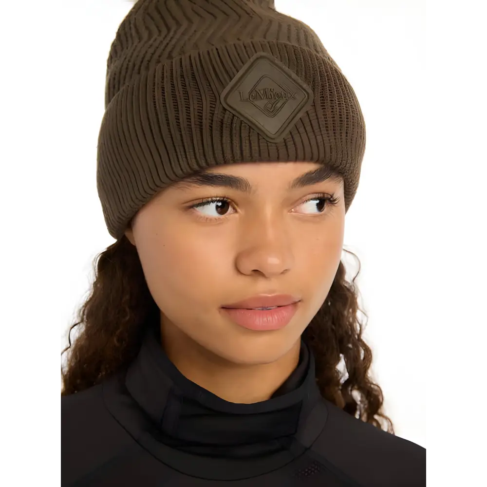 Brown Knit Lemieux LM Beanie Alpine with Square Logo Patch and Faux Fur Trim